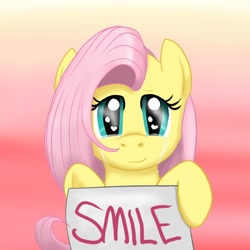 Size: 600x600 | Tagged: safe, artist:masquarade, fluttershy, pegasus, pony, crying, puppy dog eyes, sign, smiling, solo