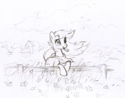 Size: 900x709 | Tagged: safe, artist:tomatocoup, applejack, earth pony, pony, bandana, female, fence, loose hair, mare, monochrome, mouth hold, sketch, smiling, solo, windswept mane