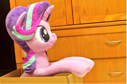 Size: 1028x684 | Tagged: safe, artist:nekokevin, starlight glimmer, pony, unicorn, series:nekokevin's glimmy, box, cute, female, glimmerbetes, irl, life size, mare, photo, plushie, pony in a box, smiling, solo