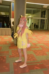 Size: 683x1024 | Tagged: artist needed, safe, artist:unkcos9, fluttershy, human, clothes, cosplay, fanimecon, flats, irl, irl human, off shoulder, photo, solo