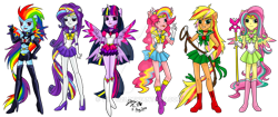 Size: 1024x430 | Tagged: safe, artist:zakurarain, derpibooru import, applejack, fluttershy, pinkie pie, rainbow dash, rarity, twilight sparkle, twilight sparkle (alicorn), alicorn, human, equestria girls, boots, clothes, high heel boots, high heels, humane five, humane six, lasso, one eye closed, peace sign, pleated skirt, ponied up, rainbow power, rope, sailor moon, shoes, shorts, simple background, skirt, staff, tongue out, transparent background, wand, watermark, wink