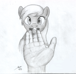 Size: 1024x1002 | Tagged: safe, artist:rainbow-dosh, edit, derpy hooves, oc, oc:anon, human, pegasus, pony, /mlp/, drawfag, female, hand, mare, monochrome, sugarcube, traditional art