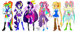 Size: 1024x430 | Tagged: safe, artist:zakurarain, derpibooru import, applejack, fluttershy, pinkie pie, rainbow dash, rarity, twilight sparkle, twilight sparkle (alicorn), alicorn, human, equestria girls, boots, braid, clothes, dress, high heel boots, high heels, humane five, humane six, mane six, miniskirt, pigtails, ponied up, ponytail, shoes, simple background, skirt, transparent background, twintails, vocaloid, watermark