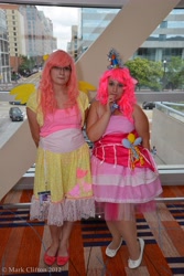 Size: 4912x7360 | Tagged: artist needed, safe, fluttershy, pinkie pie, human, absurd resolution, cosplay, flats, glasses, irl, irl human, otakon, otakon 2012, party horn, photo