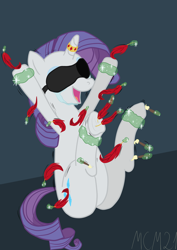 Size: 2893x4092 | Tagged: safe, artist:mcm21, rarity, pony, unicorn, blindfold, bondage, brush, crying, feather, fetish, front hoof tickling, hoof tickling, horn ring, laughing, magic, magic suppression, magical bondage, solo, tears of laughter, tickle fetish, tickle torture, tickling