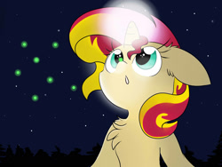 Size: 1600x1200 | Tagged: safe, artist:meowmavi, sunset shimmer, firefly (insect), pony, :o, chest fluff, floppy ears, glowing horn, looking up, night, open mouth, solo, stars