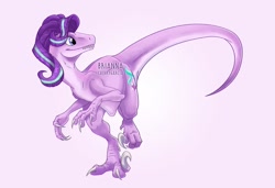 Size: 1000x684 | Tagged: safe, artist:briannacherrygarcia, starlight glimmer, dinosaur, velociraptor, clever girl, dinosaurified, obtrusive text, purple background, simple background, solo, species swap, watermark