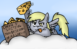 Size: 1800x1137 | Tagged: safe, artist:blayaden, derpy hooves, pegasus, pony, :p, cheese, cloud, female, frown, glare, gradient background, hoof hold, mare, meme, prone, solo, spread wings, thanks m.a. larson, throw the cheese, tongue out, wings