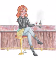 Size: 2480x2632 | Tagged: safe, artist:pastekskizofren, sunset shimmer, equestria girls, alcohol, blushing, human coloration, sitting, smiling, solo, traditional art, wine, wine bottle, wine glass