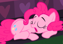 Size: 646x450 | Tagged: safe, screencap, pinkie pie, earth pony, pony, mmmystery on the friendship express, animated, behaving like a dog, blinking, cute, diapinkes, eyes closed, female, frown, mare, open mouth, prone, puppy pie, scratching, sleeping, smiling, snoring, solo