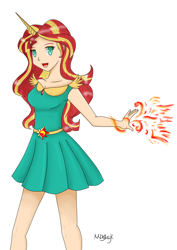 Size: 900x1273 | Tagged: dead source, safe, artist:mdeltar, sunset shimmer, equestria girls, clothes, dress, horned humanization, humanized, magic, solo