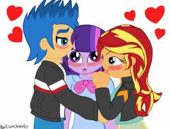 Size: 1024x768 | Tagged: safe, artist:cubiejewelart, flash sentry, sunset shimmer, twilight sparkle, equestria girls, bisexual, blushing, female, flashlightshimmer, gray background, heart, lesbian, love triangle, male, polyamory, shipping, simple background, straight