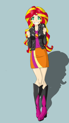 Size: 1426x2544 | Tagged: safe, artist:icesticker, sunset shimmer, human, equestria girls, blue background, boots, clothes, colored pupils, cute, happy, high heel boots, high heels, human coloration, humanized, jacket, leather jacket, looking at you, shadow, shimmerbetes, simple background, skirt, smiling, solo, standing