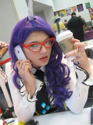 Size: 671x895 | Tagged: safe, artist:pijogenjo, rarity, human, cosplay, drink, glasses, irl, irl human, necktie, phone, photo, table