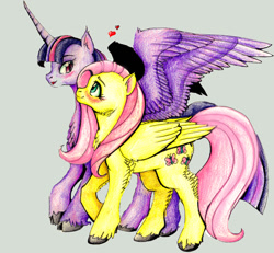 Size: 1024x945 | Tagged: safe, artist:blabyloo229, derpibooru import, fluttershy, twilight sparkle, twilight sparkle (alicorn), alicorn, pegasus, pony, blushing, female, heart, lesbian, mare, twishy, unshorn fetlocks