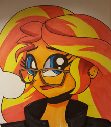 Size: 1280x1472 | Tagged: safe, artist:missmayaleanne, sunset shimmer, equestria girls, glasses, implied sunsetsparkle, implied twilight sparkle, simple background, solo, traditional art