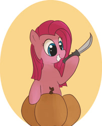 Size: 487x601 | Tagged: safe, pinkie pie, earth pony, pony, knife, pinkamena diane pie, pumpkin, solo