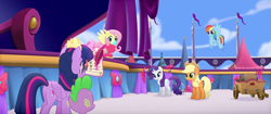 Size: 1920x804 | Tagged: safe, derpibooru import, screencap, applejack, fluttershy, rainbow dash, rarity, spike, twilight sparkle, twilight sparkle (alicorn), alicorn, dragon, earth pony, pegasus, pony, unicorn, my little pony: the movie, bow, cart, cider, gem, ribbon, tied up