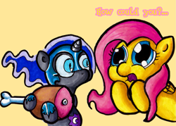 Size: 1481x1062 | Tagged: safe, artist:darkone10, fluttershy, nightmare moon, pegasus, pony, cute, filly, ham, nightmare woon, ponies eating meat