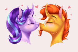 Size: 2020x1346 | Tagged: safe, artist:elenanava19, starlight glimmer, sunburst, pony, unicorn, blushing, boop, bust, curved horn, eyes closed, female, glasses, heart, male, mare, noseboop, shipping, simple background, smiling, stallion, starburst, straight, white background