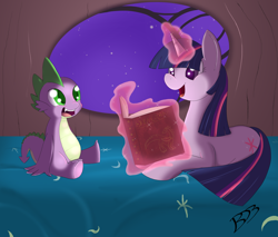 Size: 2816x2400 | Tagged: safe, artist:thenornonthego, derpibooru import, spike, twilight sparkle, dragon, bed, magic, reading