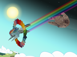 Size: 4377x3240 | Tagged: safe, artist:malte279, derpibooru import, rainbow dash, pegasus, pony, millenium falcon, origami, sonic rainboom, star wars, tribute