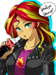 Size: 590x787 | Tagged: safe, artist:aruba, sunset shimmer, equestria girls, blushing, clothes, coca-cola, dialogue, jacket, leather jacket, looking at you, open mouth, pixiv, simple background, solo, white background