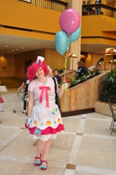 Size: 2848x4288 | Tagged: artist needed, safe, pinkie pie, human, anime weekend atlanta, balloon, clothes, convention, cosplay, dress, gala dress, gloves, irl, irl human, mary janes, photo