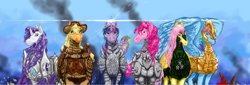 Size: 4996x1697 | Tagged: safe, artist:pwnyville, derpibooru import, applejack, fluttershy, pinkie pie, rainbow dash, rarity, spike, twilight sparkle, dragon, earth pony, horse, pegasus, pony, unicorn, absurd resolution, armor, badass, badass adorable, cute, fire, lens flare, looking at you, magic, mane seven, mane six, michael bay, open mouth, realistic, smiling, smirk, smoke, sword, tiara, weapon, wreckage