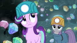 Size: 1136x640 | Tagged: safe, screencap, maud pie, starlight glimmer, earth pony, pony, rock solid friendship, cave, crystal, duo, gem cave, hard hat, headlamp, raised eyebrow, reflection, thinking