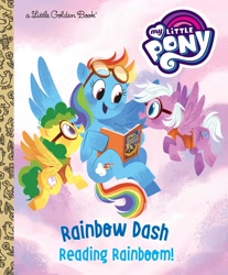 Size: 1988x2400 | Tagged: safe, artist:zoe persico, derpibooru import, daring do, rainbow dash, pegasus, pony, daring do adventure collection, book, daring do and the marked thief of marapore, female, filly, flying, little golden book, my little pony logo, official, pun, reading rainboom