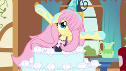 Size: 5760x3240 | Tagged: safe, artist:beavernator, fluttershy, pegasus, pony, absurd resolution, alternate hairstyle, cake, floppy ears, hair over one eye, long mane, pop out cake, smiling, solo