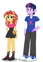 Size: 1781x2566 | Tagged: dead source, safe, artist:drewmwhit, dusk shine, prince dusk, sunset shimmer, twilight sparkle, equestria girls, boots, bra strap, clothes, duskshimmer, equestria guys, half r63 shipping, hand on hip, high heel boots, looking at you, male, pants, rule 63, shipping, shirt, shoes, simple background, skirt, sneakers, straight, sunsetsparkle, transparent background
