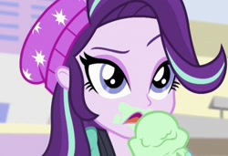 Size: 717x490 | Tagged: safe, screencap, starlight glimmer, equestria girls, mirror magic, spoiler:eqg specials, food, ice cream, messy eating, solo, that pony sure does love ice cream