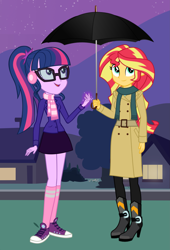 Size: 2953x4344 | Tagged: safe, artist:3d4d, sci-twi, sunset shimmer, twilight sparkle, equestria girls, absurd resolution, alternate costumes, boots, clothes, converse, earmuffs, female, high heel boots, lesbian, longcoat, magic, raincoat, scarf, scitwishimmer, shipping, shoes, skirt, sneakers, socks, sunsetsparkle, umbrella, winter coat