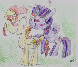 Size: 1537x1321 | Tagged: safe, artist:ptitemouette, sunset shimmer, twilight sparkle, twilight sparkle (alicorn), alicorn, pony, alicornified, female, lesbian, princess, race swap, shimmercorn, shipping, sunsetsparkle, traditional art