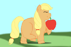 Size: 1154x755 | Tagged: safe, artist:fluffsplosion, applejack, earth pony, fluffy pony, pony, apple, fluffyjack, mouth hold, solo