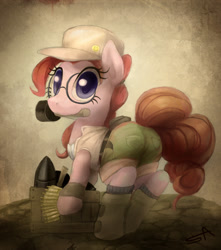 Size: 1280x1451 | Tagged: safe, artist:surgicalarts, pinkie pie, earth pony, pony, clothes, colored pupils, cosplay, female, fio germi, flashlight (object), glasses, hat, looking at you, looking back, looking back at you, mare, metal slug, mouth hold, solo