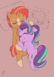 Size: 1536x2173 | Tagged: safe, artist:yanamosuda, starlight glimmer, sunburst, pony, unicorn, bed, blushing, cuddling, cute, eyes closed, female, glasses, glimmerbetes, hug, male, mare, petting, pillow, shipping, sleeping, smiling, stallion, starburst, straight