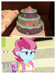 Size: 3106x4096 | Tagged: safe, edit, screencap, cup cake, starlight glimmer, equestria girls, no second prances, cake, china ponycon, defictionalization, food, irl, photo, raised eyebrow, unamused