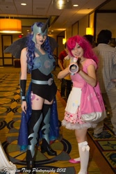 Size: 683x1024 | Tagged: safe, artist:allison1derlnd, artist:kimba616, nightmare moon, pinkie pie, human, 2012, anime los angeles, convention, cosplay, irl, irl human, partillery, party cannon, photo