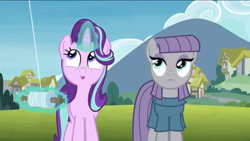 Size: 1136x640 | Tagged: safe, screencap, maud pie, starlight glimmer, earth pony, pony, unicorn, rock solid friendship, cute, female, glimmerbetes, kite, kite flying, looking up, mare, open mouth