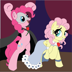 Size: 800x799 | Tagged: safe, artist:the-paper-pony, fluttershy, pinkie pie, earth pony, pegasus, pony, bipedal, clothes, costume, dress, female, flutterpie, lesbian, mask, phantom of the opera, shipping