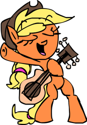 Size: 606x878 | Tagged: safe, artist:mushroomcookiebear, applejack, earth pony, pony, bipedal, eyes closed, guitar, simple background, solo