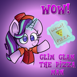 Size: 768x768 | Tagged: safe, artist:snakeythingy, starlight glimmer, pony, unicorn, bipedal, cap, clothes, female, food, glowing horn, gradient background, hat, magic, meat, meme, pepperoni, pepperoni pizza, pizza, pizza box, pizza delivery, pun, smiling, solo, telekinesis, wow, wow! glimmer