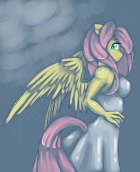 Size: 600x738 | Tagged: dead source, safe, artist:misukitty, fluttershy, anthro, clothes, crying, dress, rain, solo, wet