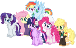 Size: 1024x649 | Tagged: safe, artist:bezziie, derpibooru import, applejack, fluttershy, pinkie pie, rainbow dash, rarity, twilight sparkle, twilight sparkle (alicorn), alicorn, earth pony, pegasus, pony, unicorn, alternate universe, chef's hat, clothes, flower, flower in hair, fluffy, hat, jacket, mane six, simple background, transparent background