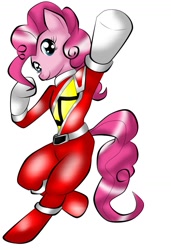 Size: 1085x1587 | Tagged: safe, pinkie pie, earth pony, pony, clothes, costume, female, kyoryured, nightmare night, power rangers, power rangers dino charge, red ranger, solo, super sentai, zyuden sentai kyoryuger