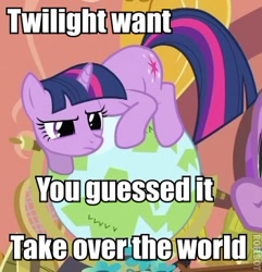 Size: 352x365 | Tagged: safe, derpibooru import, edit, edited screencap, screencap, spike, twilight sparkle, dragon, secret of my excess, caption, cute, globe, image macro, nostalgia critic, pure unfiltered evil, text, tyrant sparkle