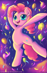 Size: 1024x1583 | Tagged: safe, artist:katurkeyg, pinkie pie, pony, balloon, bipedal, colored pupils, confetti, cute, diapinkes, open mouth, solo